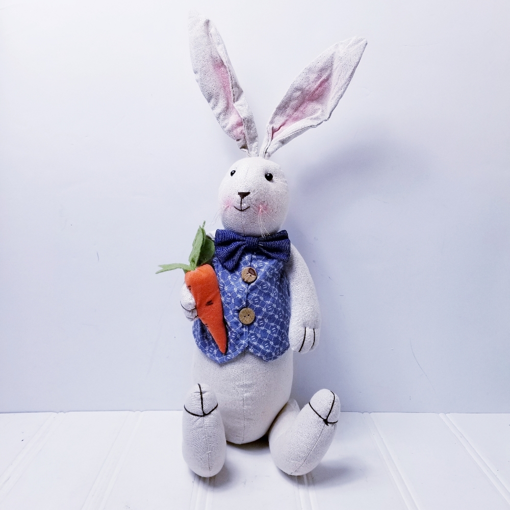 Easter Bunny Decor Plush Weighted Rabbit Blue Vest Bow Tie Carrot